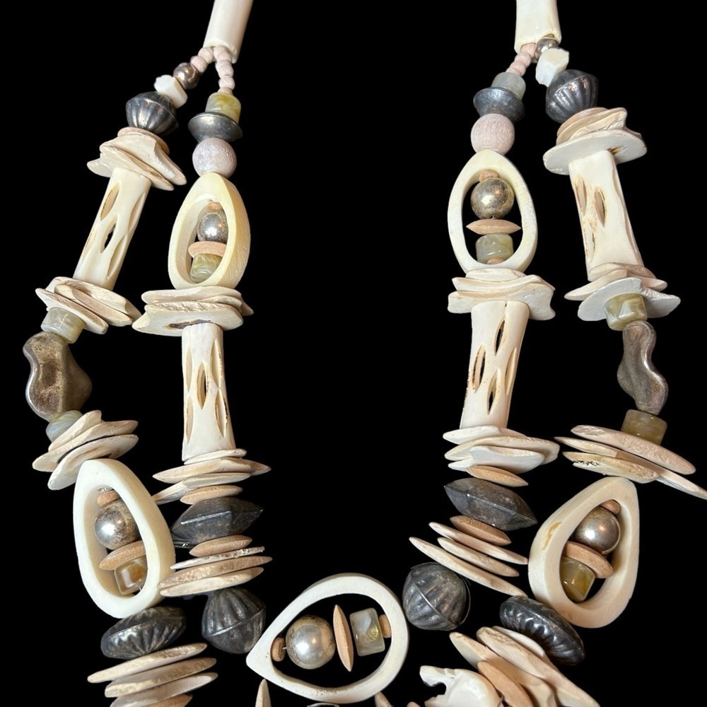 Bone Metal Stone Bead Vintage Two Tier Necklace Carved Lions Bone Hook Closure - Picture 11 of 16